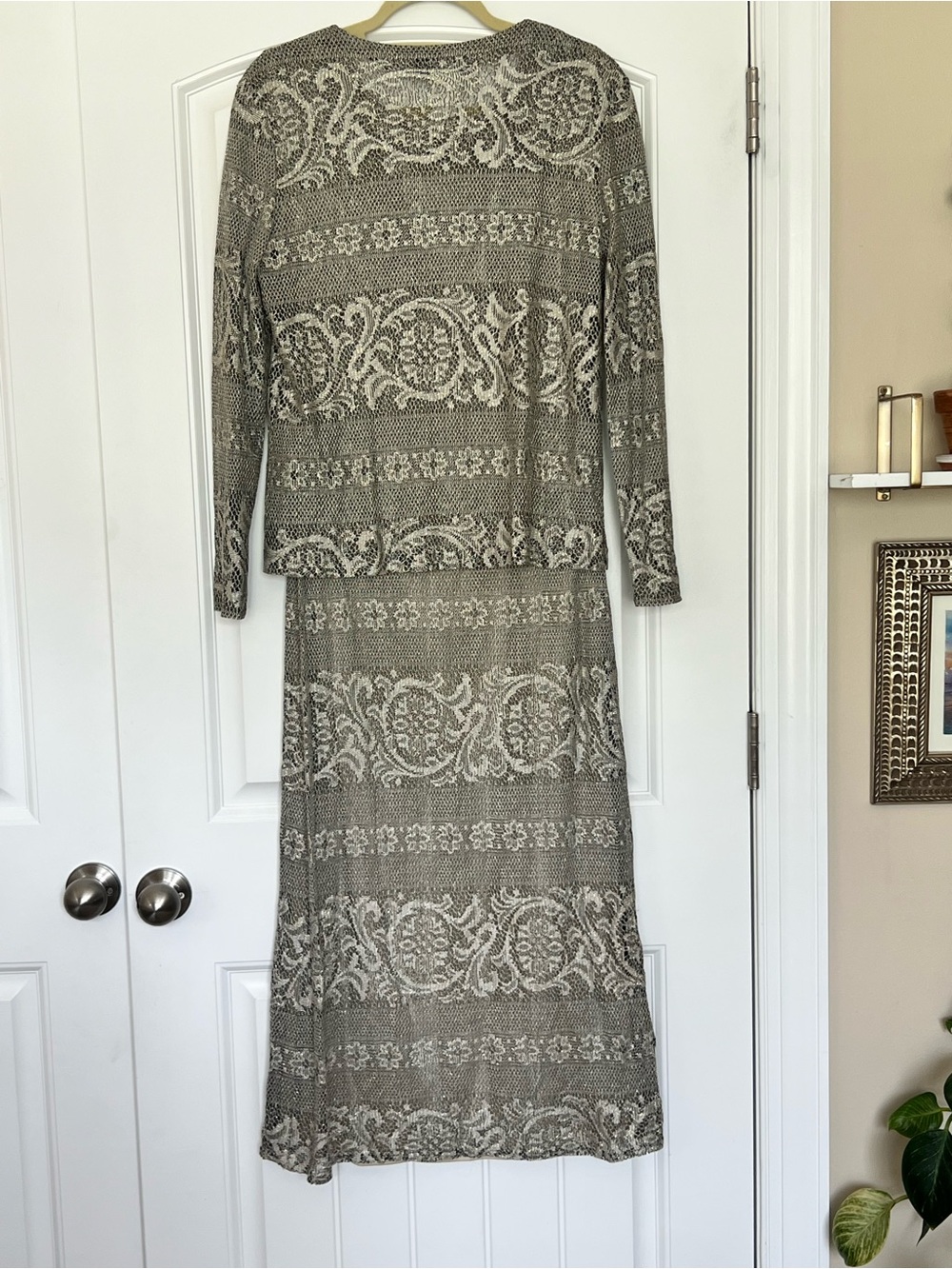 Jessica Howard Vintage Metallic Gold Black Taupe Dress Matching Cardigan 8 - Picture 2 of 16